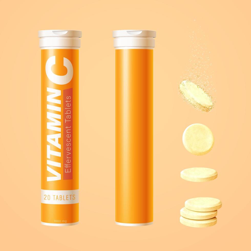 3D Vitamin C Effervescent tablet tubes mockup and yellow tablets isolated on light orange background vector