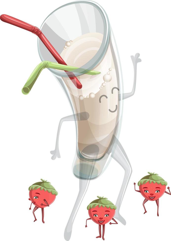 Vector image of creating a cocktail of milk and berries for the packaging of a children's milk drink. Cartoon. EPS 10