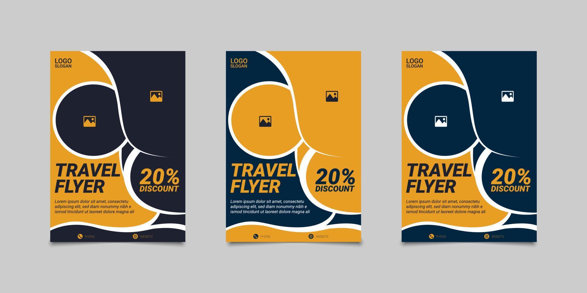 Travel flyer design template. Travel poster, flyer or brochure design layout space for photo background. Yellow Travel flyer template for travel agency vector