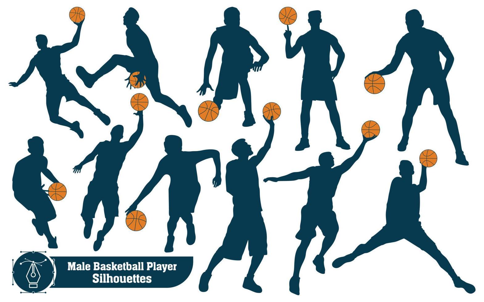 Black and white male Basketball Player Silhouettes vector