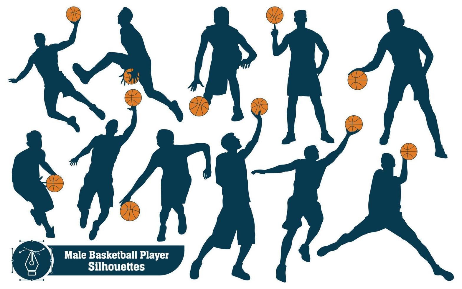 siluetas de jugador de baloncesto masculino en blanco y negro vector