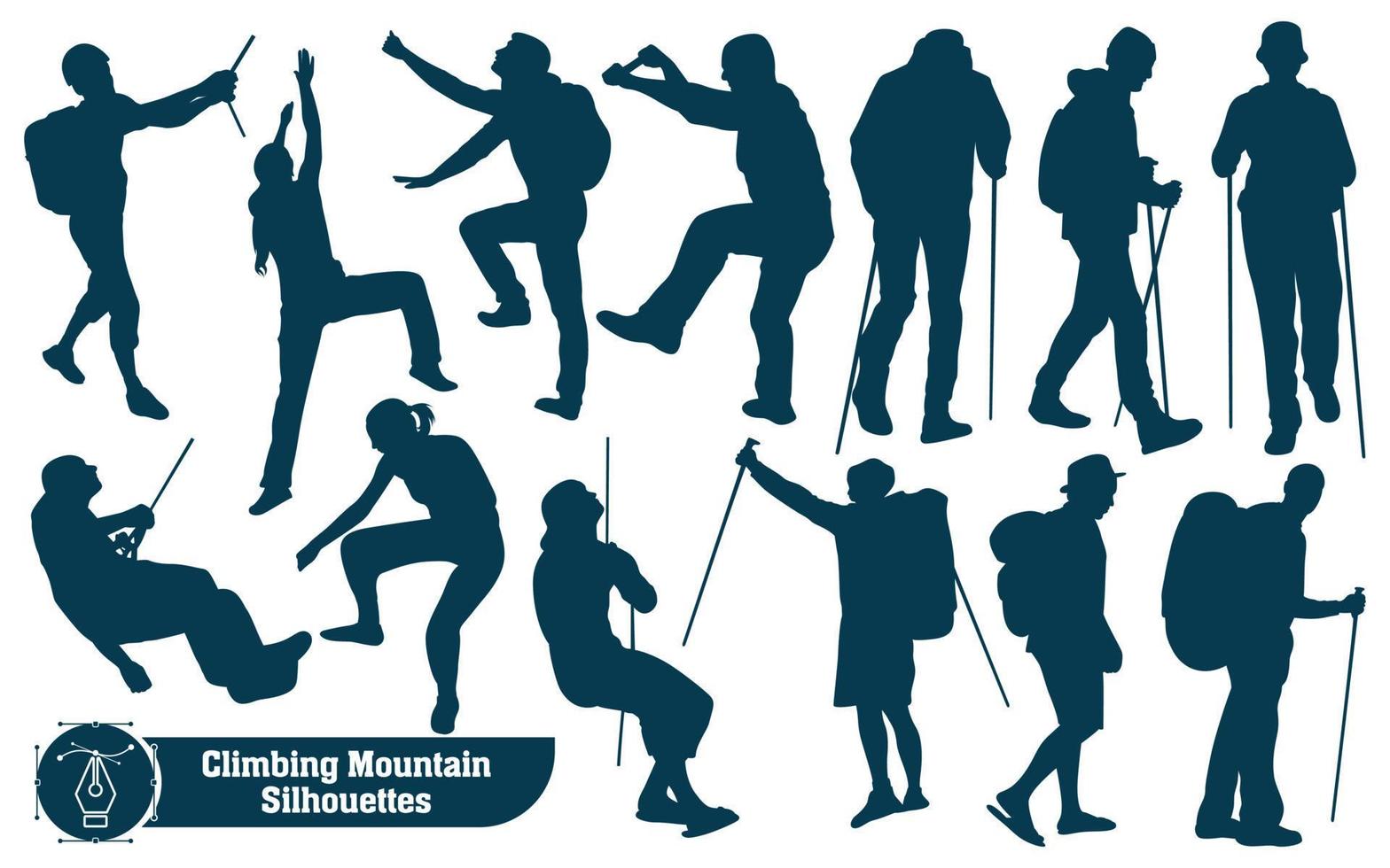 Collection of Climbing in mountains silhouettes in different poses vector