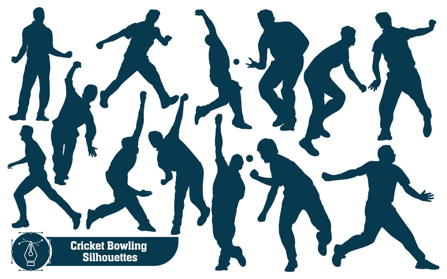 jugador de cricket siluetas de bolos en diferentes poses vector