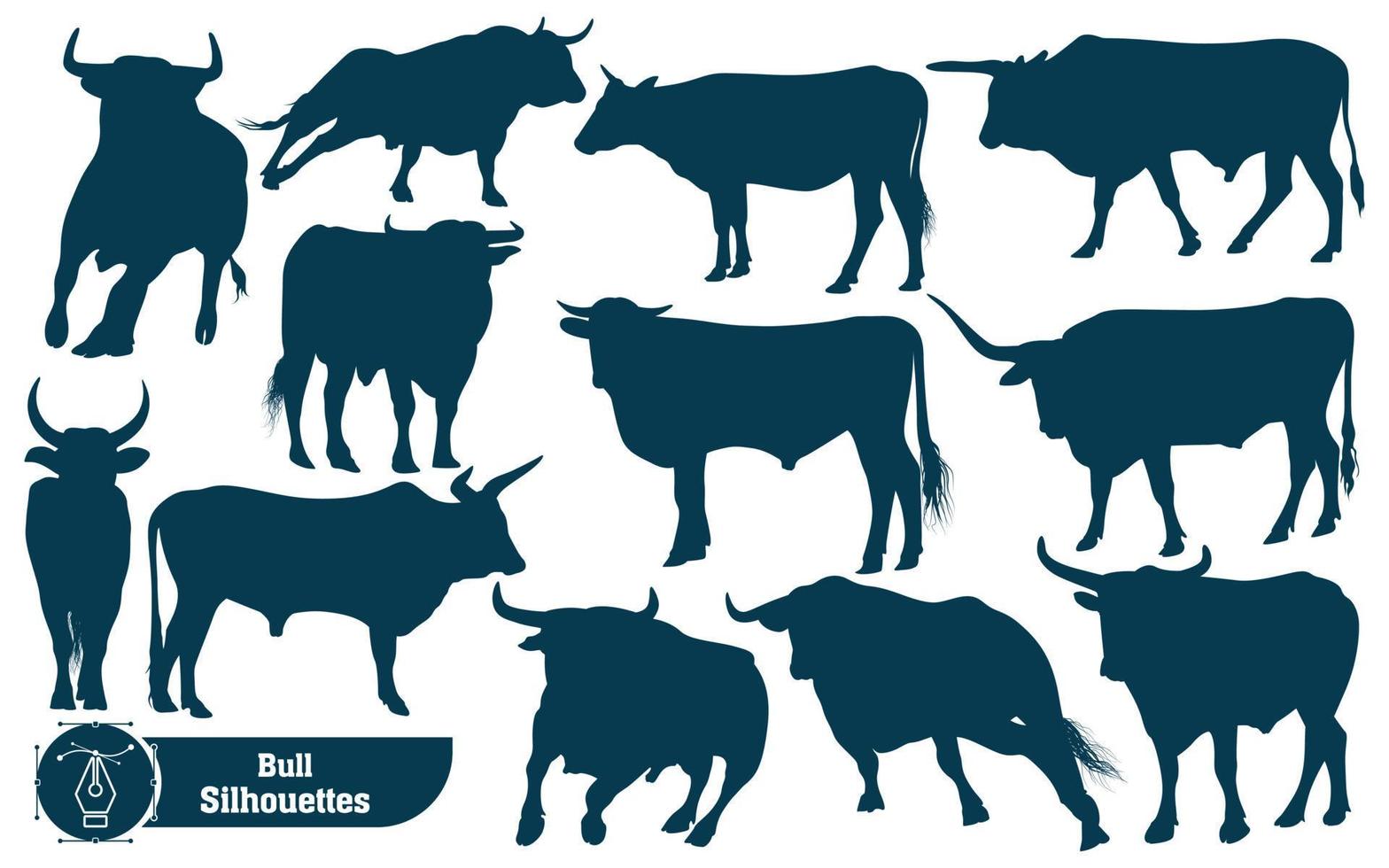 colección de silueta de toro en diferentes poses vector