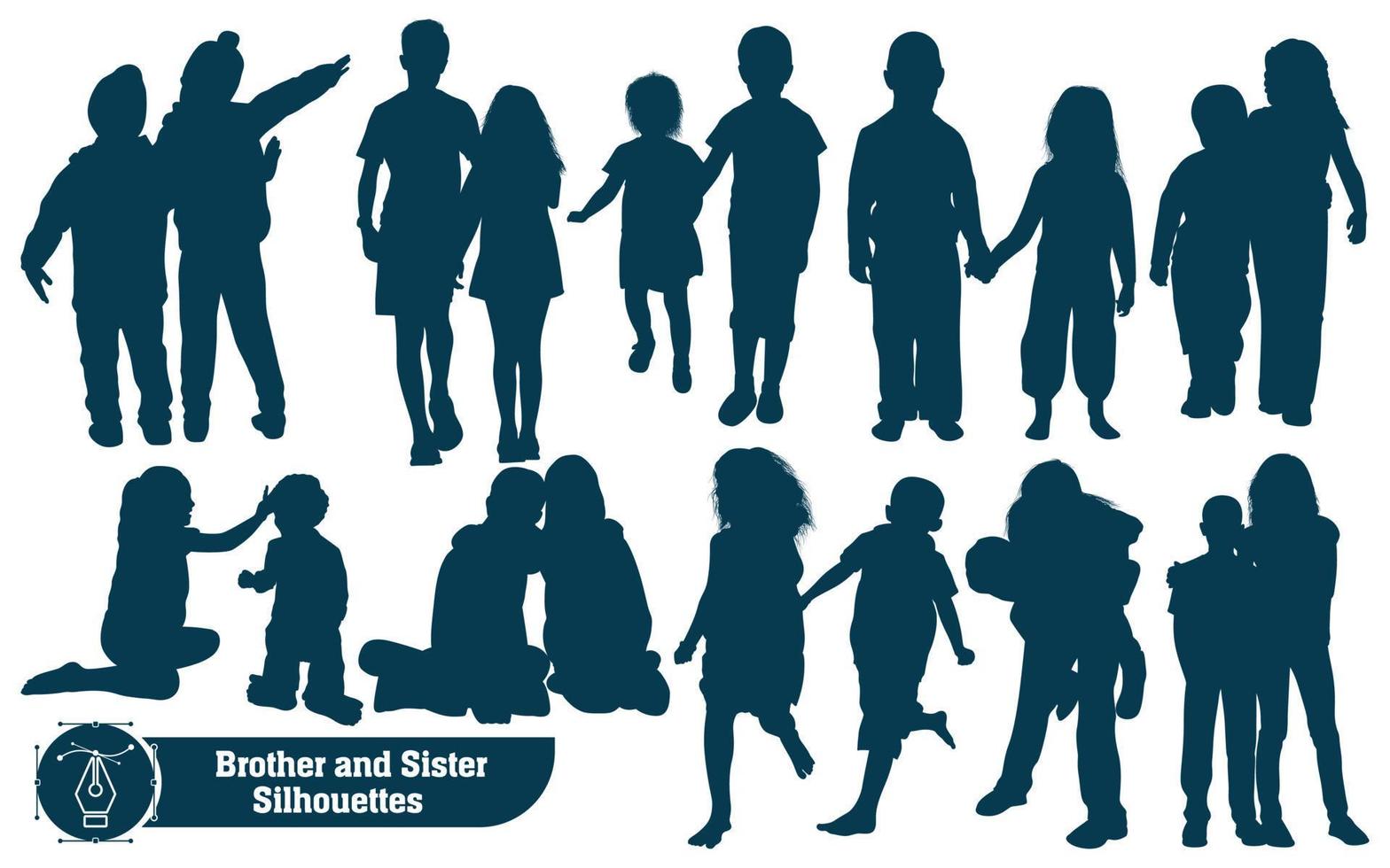 Collection of Brother and Sister Silhouettes in different poses set vector