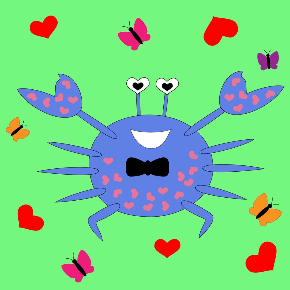 Romantic cartoon crab in the bow tie and hearts. Butterflies fly around cute smiling sea animal. Vector illustration