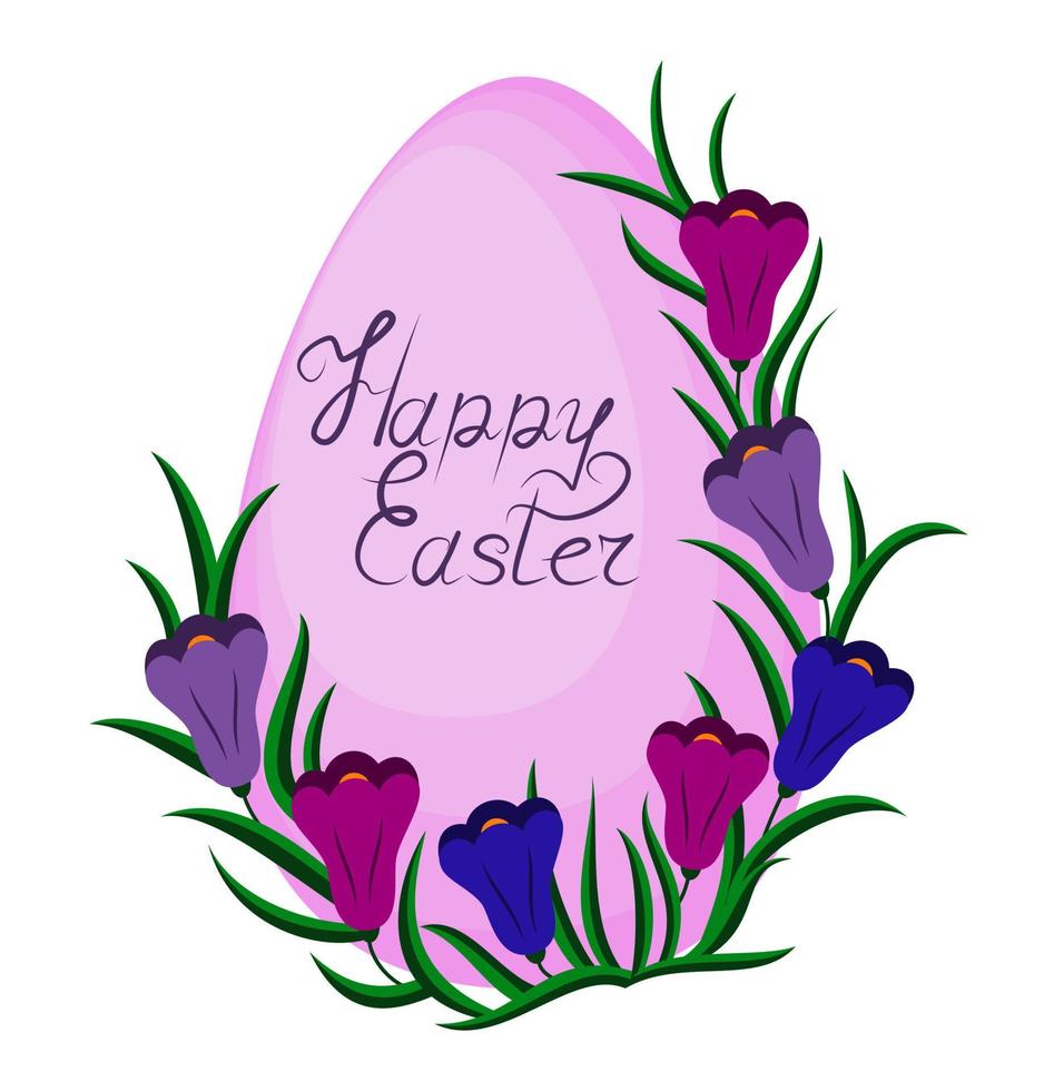 Greeting Easter card with the inscription Happy Easter. Lovely multicolored crocuses around the egg. Beautiful spring crocus flower. Vector illustration