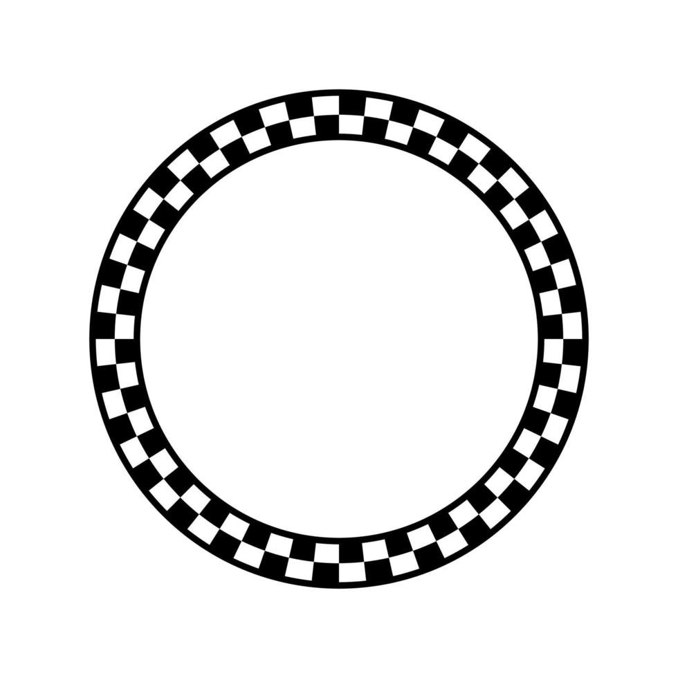 Black and white checkered circle frame. Checker board circular border vector illustration. Checked squares round logo template.