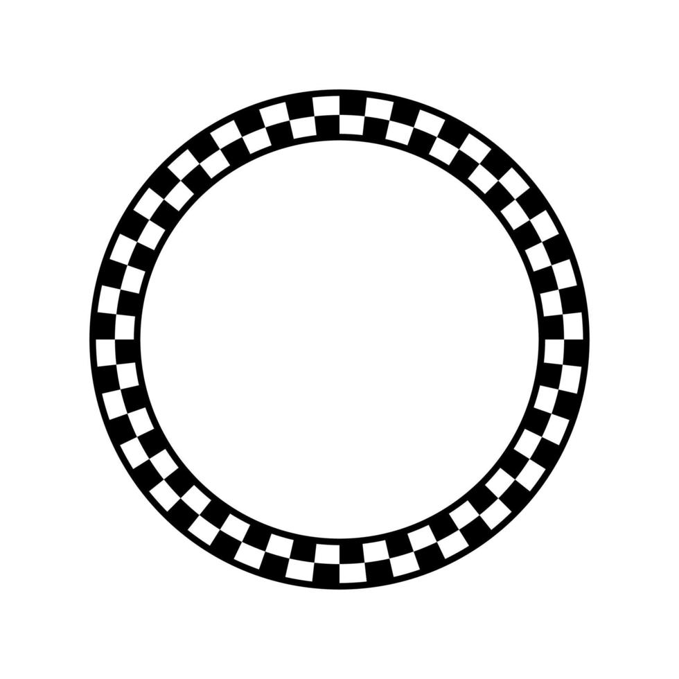 Black and white checkered circle frame. Checker board circular border vector illustration. Checked squares round logo template.