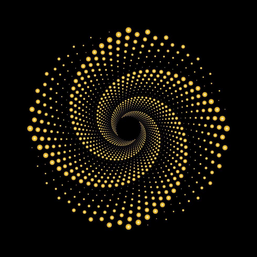 Plantilla de vector de círculo de vórtice en espiral con puntos dorados de lujo. símbolo de logotipo de patrón de remolino de puntos dorados circulares.