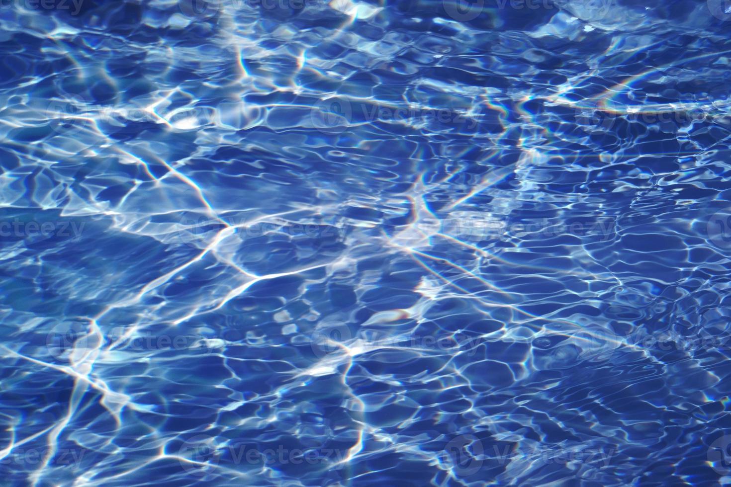 Defocus blurred transparent blue colored clear calm water surface texture with splashes and bubbles. Trendy abstract nature background. Water waves in sunlight with caustics. Blue water shinning photo