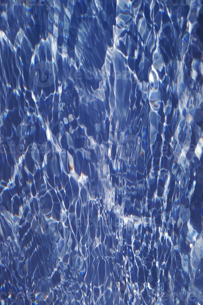 Defocus blurred transparent blue colored clear calm water surface texture with splashes and bubbles. Trendy abstract nature background. Water waves in sunlight with caustics. Blue water shinning photo