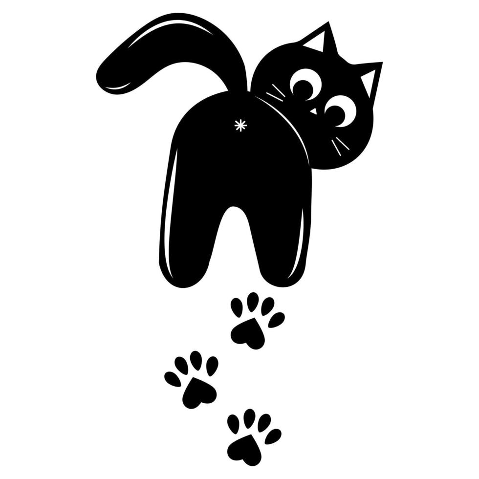 Cute cat left a paw print, black outline, vector illustration in doodle style