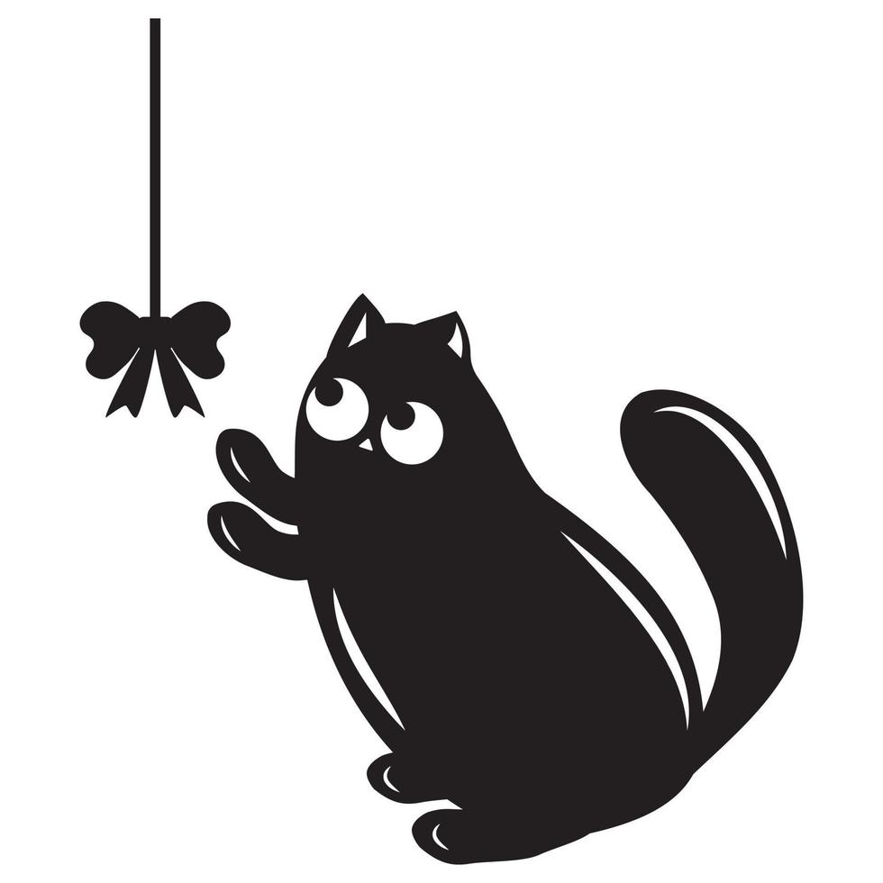 Cute cat playing bow on a rope, black outline, vector illustration in doodle style