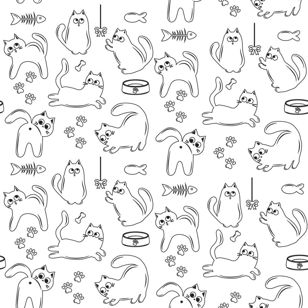 iconos de vector de gato de dibujos animados lindo, patrones sin fisuras y fondo