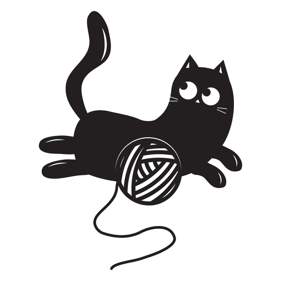 Cute cat playing with a ball of thread, black outline, vector illustration in doodle style