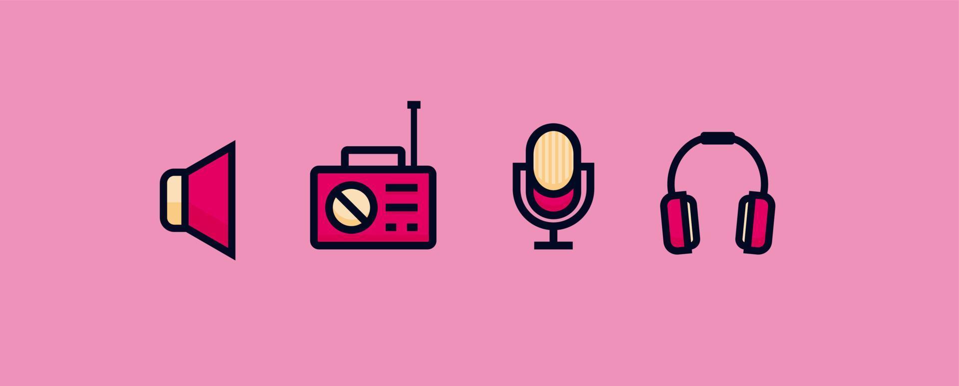 colored sound icon collection. radio, podcast microphone, headset vector