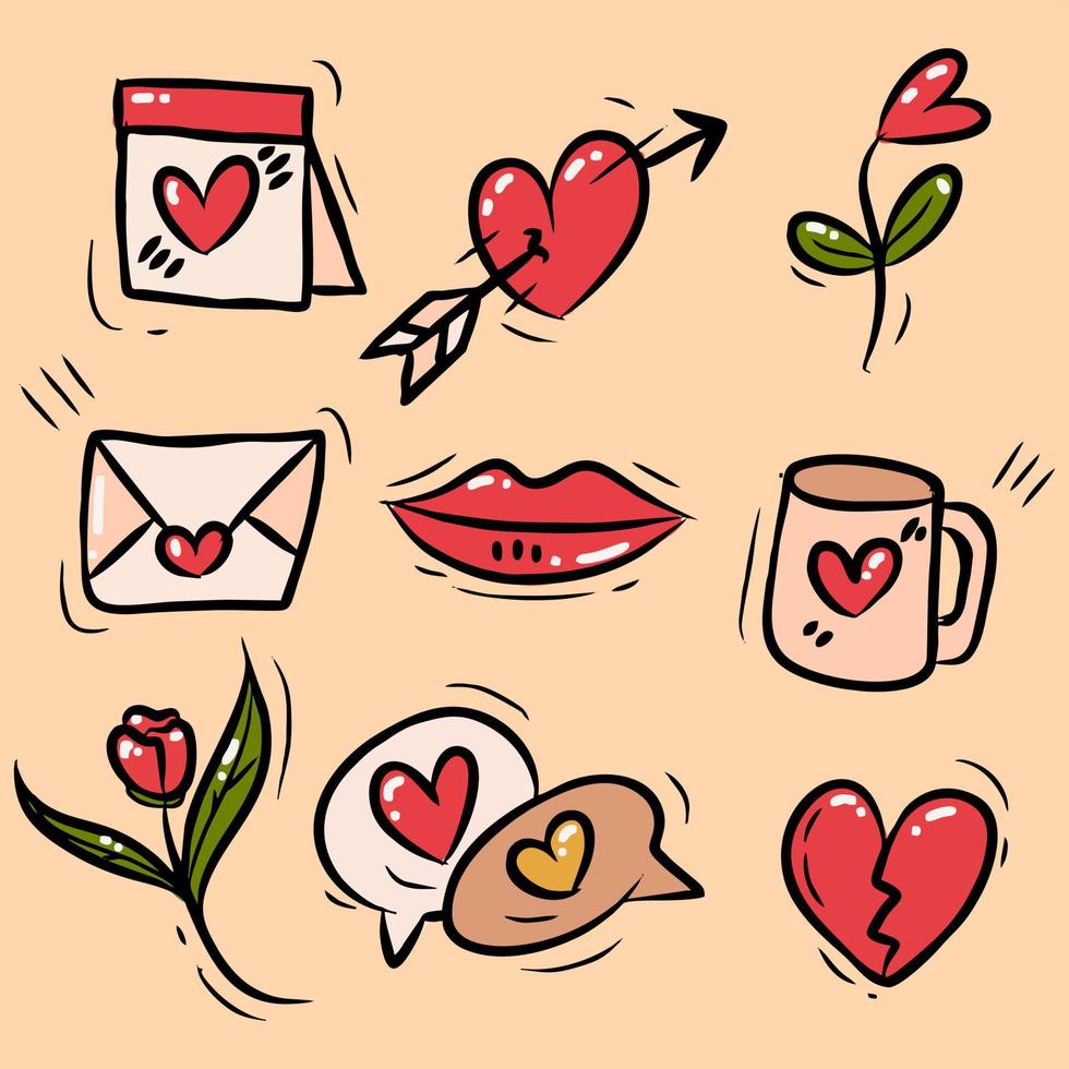 vector set of valentine day symbols with hand drawn collection style