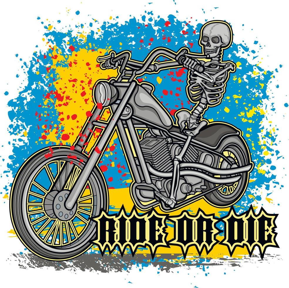 motociclista, esqueleto en motocicleta, camisetas de diseño vintage grunge vector