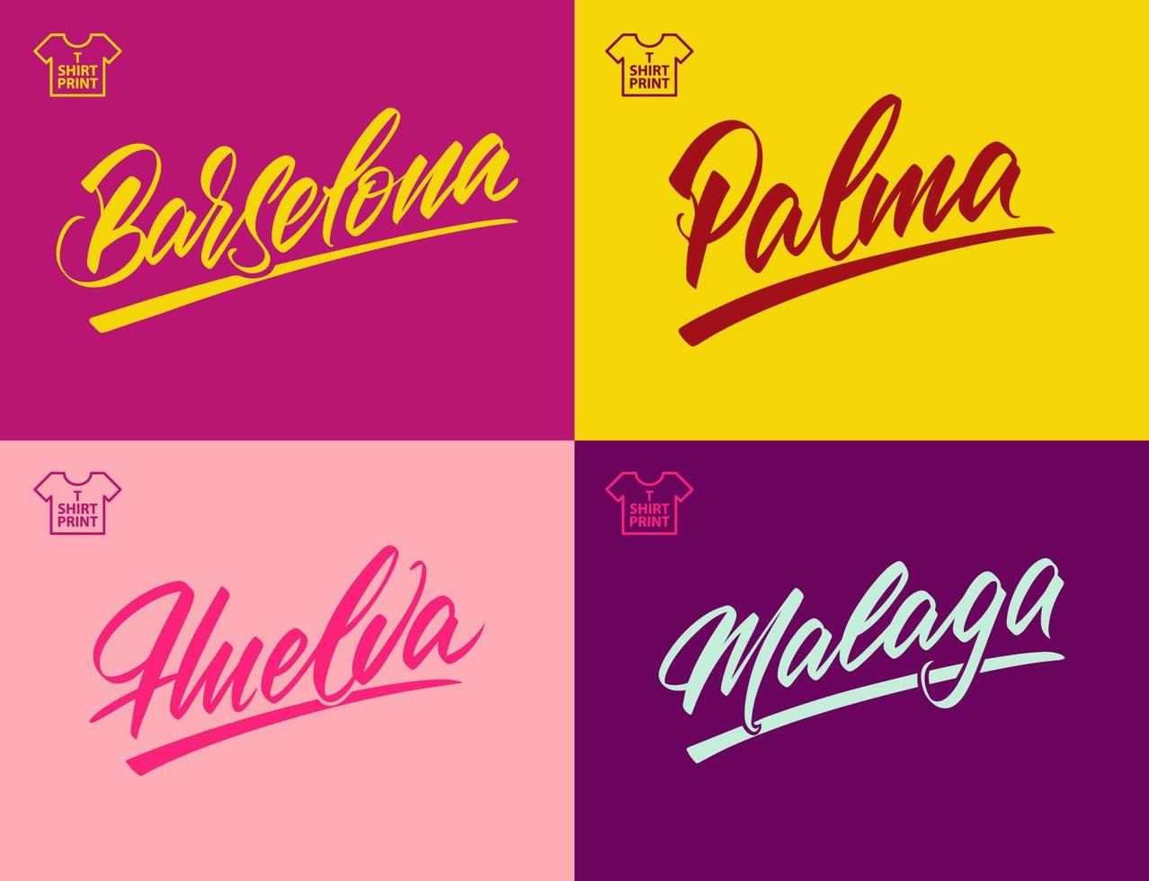 nombres de ciudades españolas en estilo de letras. barcelona, palma, málaga, huelva. para corte e impresión láser. ilustración vectorial vector