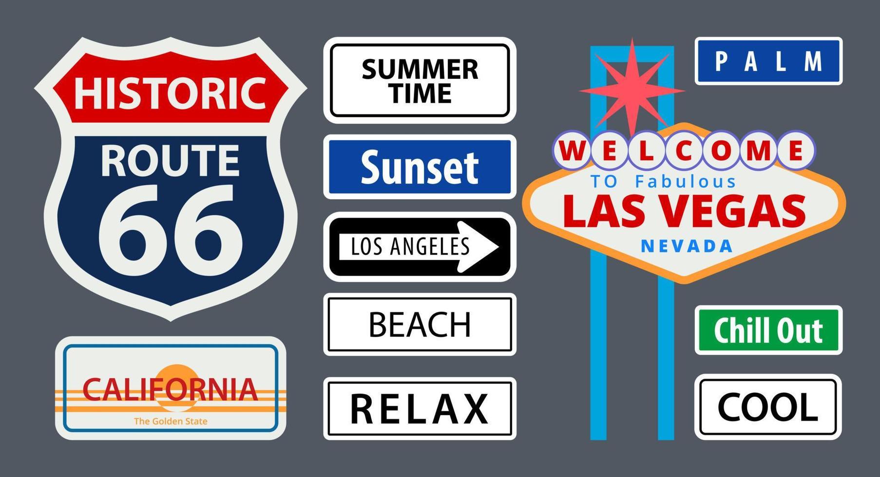 A set of US road signs in flat style. Nevada, California, Sunset, Los Angeles, Route 66,Summer Time,Cool, Relax, Beach. For printing stickers on cars. Vector illustration.