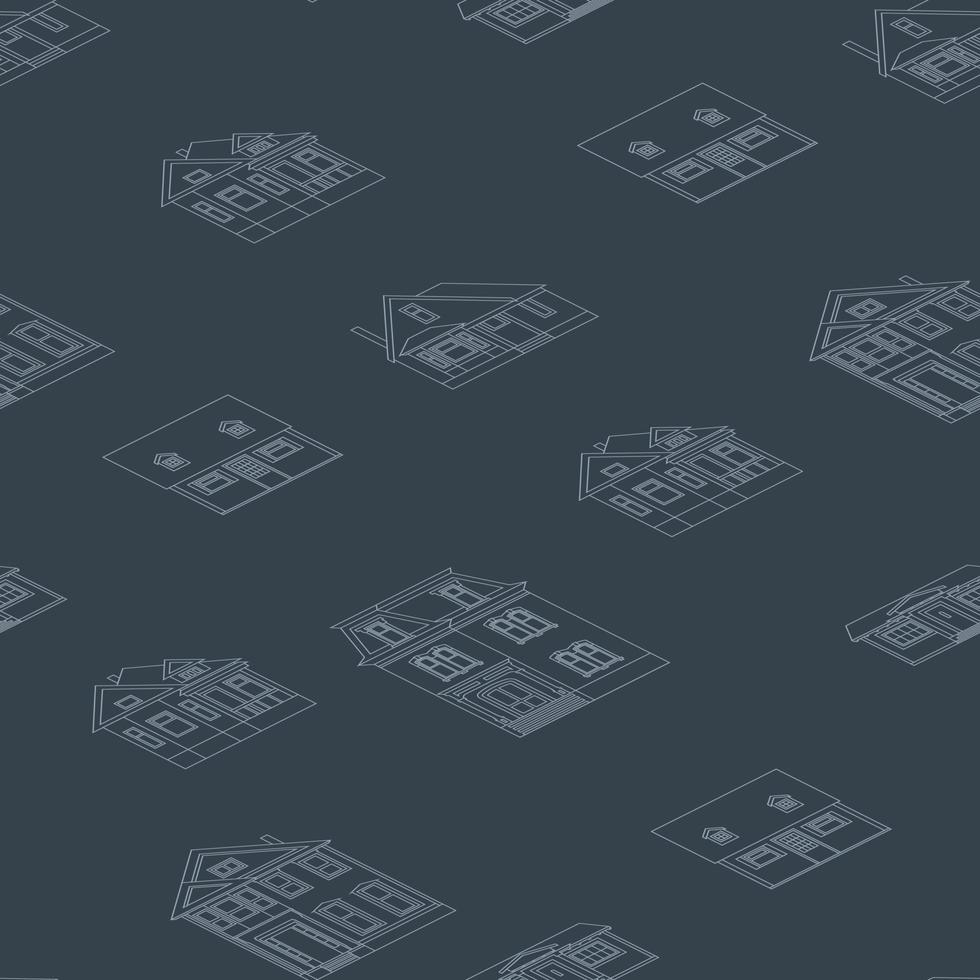 A pattern of drawn houses in a linear style on a dark gray background for printing and design. Vector illustration.