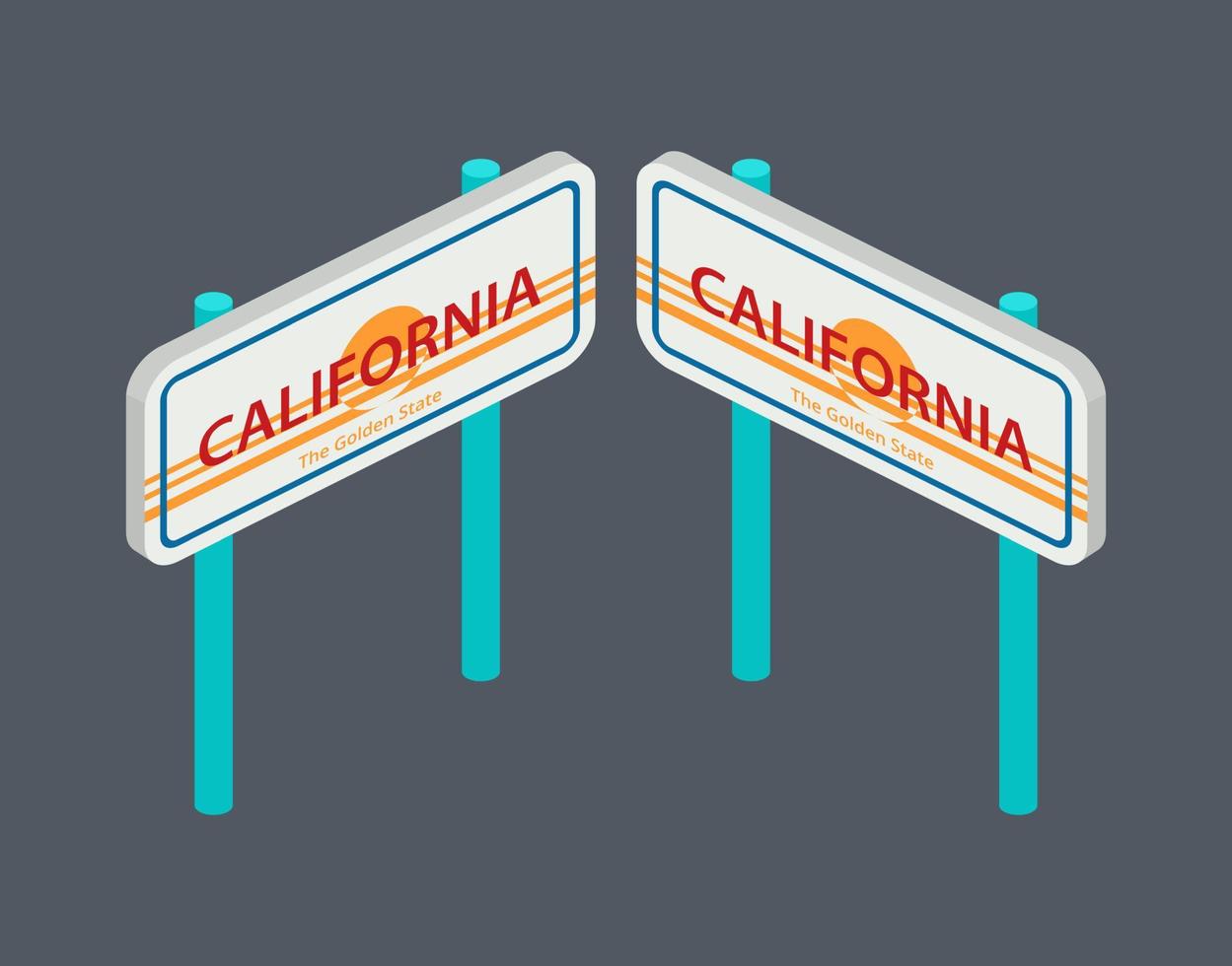 Isometric set of pillars with arrows indicating the direction of California for the map. Vector illustration.