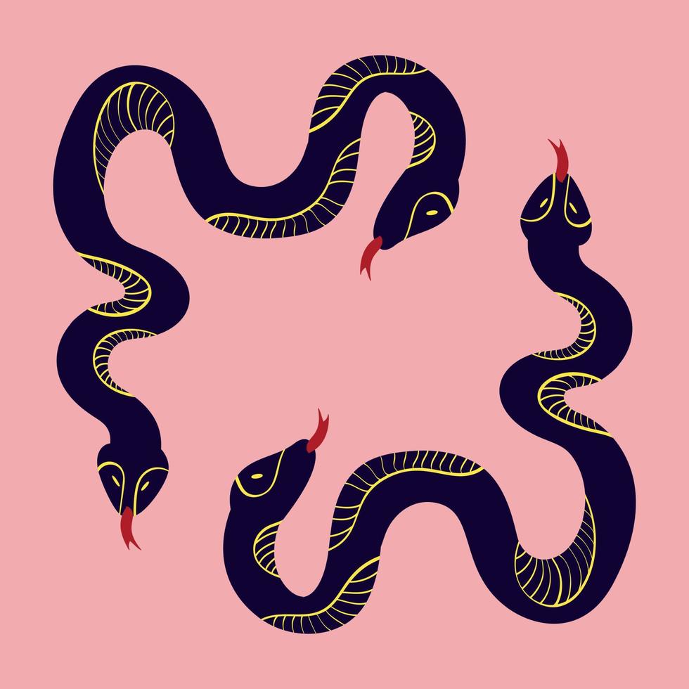 Magic Mystical snakes. Freaky quirky snakes . Card in modern doodle style. Vector illustration