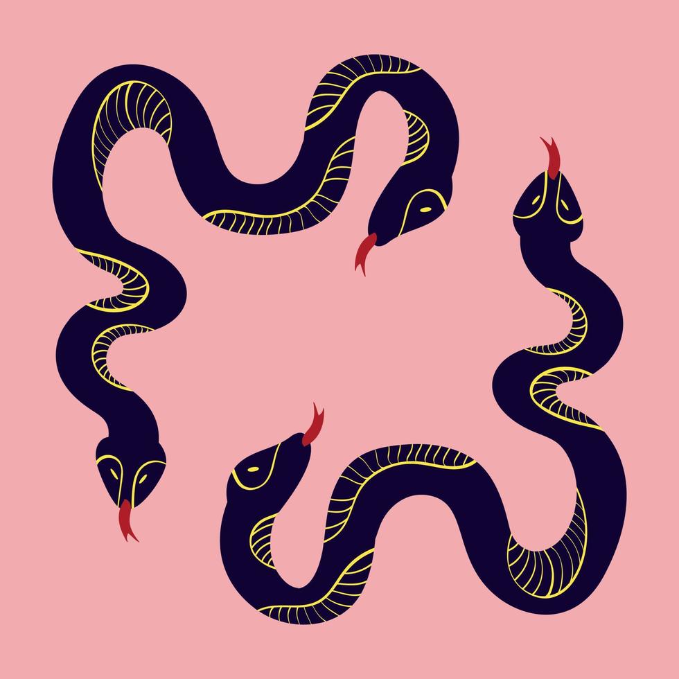 Magic Mystical snakes. Freaky quirky snakes . Card in modern doodle style. Vector illustration