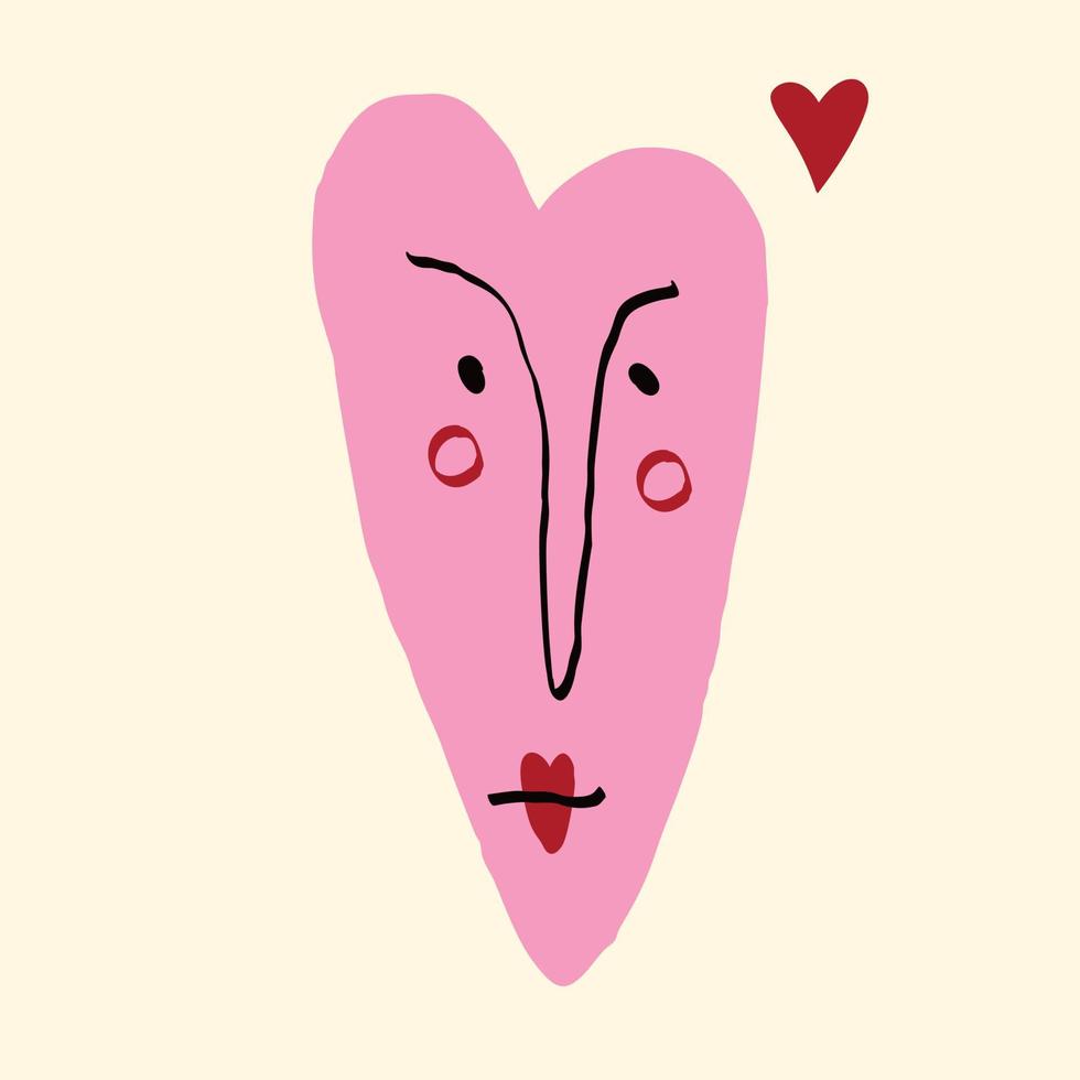 Funky heart with a sad face. Freaky comic heart. Bizarre Valentine's Day Card in modern doodle style vector