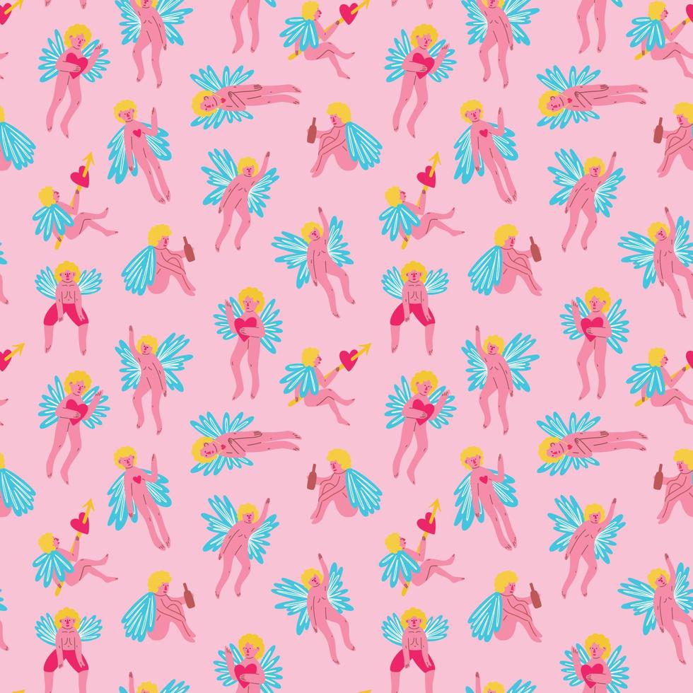 Valentine funny angels seamless pattern. Vector illustration in doodle style