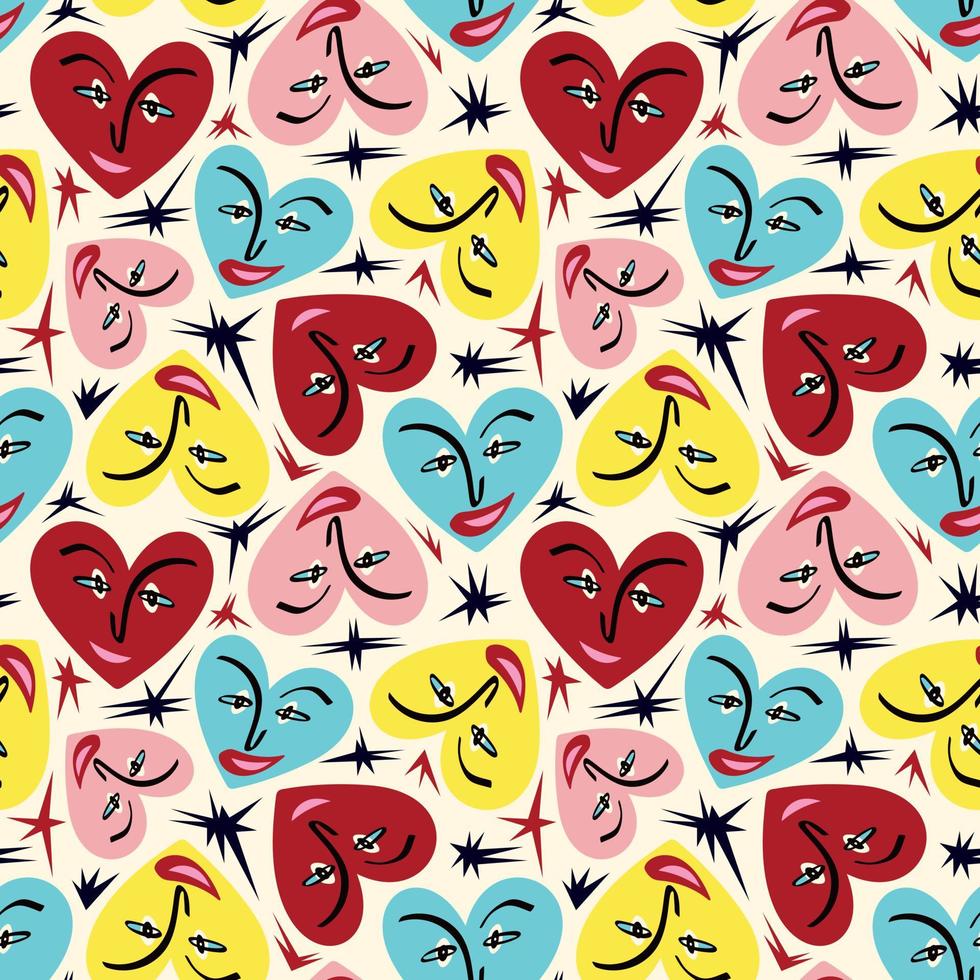 Valentines Day pattern with ugly funky hearts. Groovy cute love characters vector