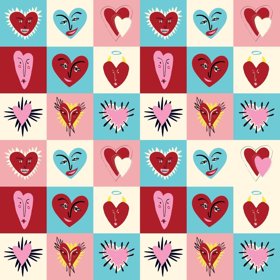Valentines Day pattern with ugly funky hearts. Groovy cute love characters vector