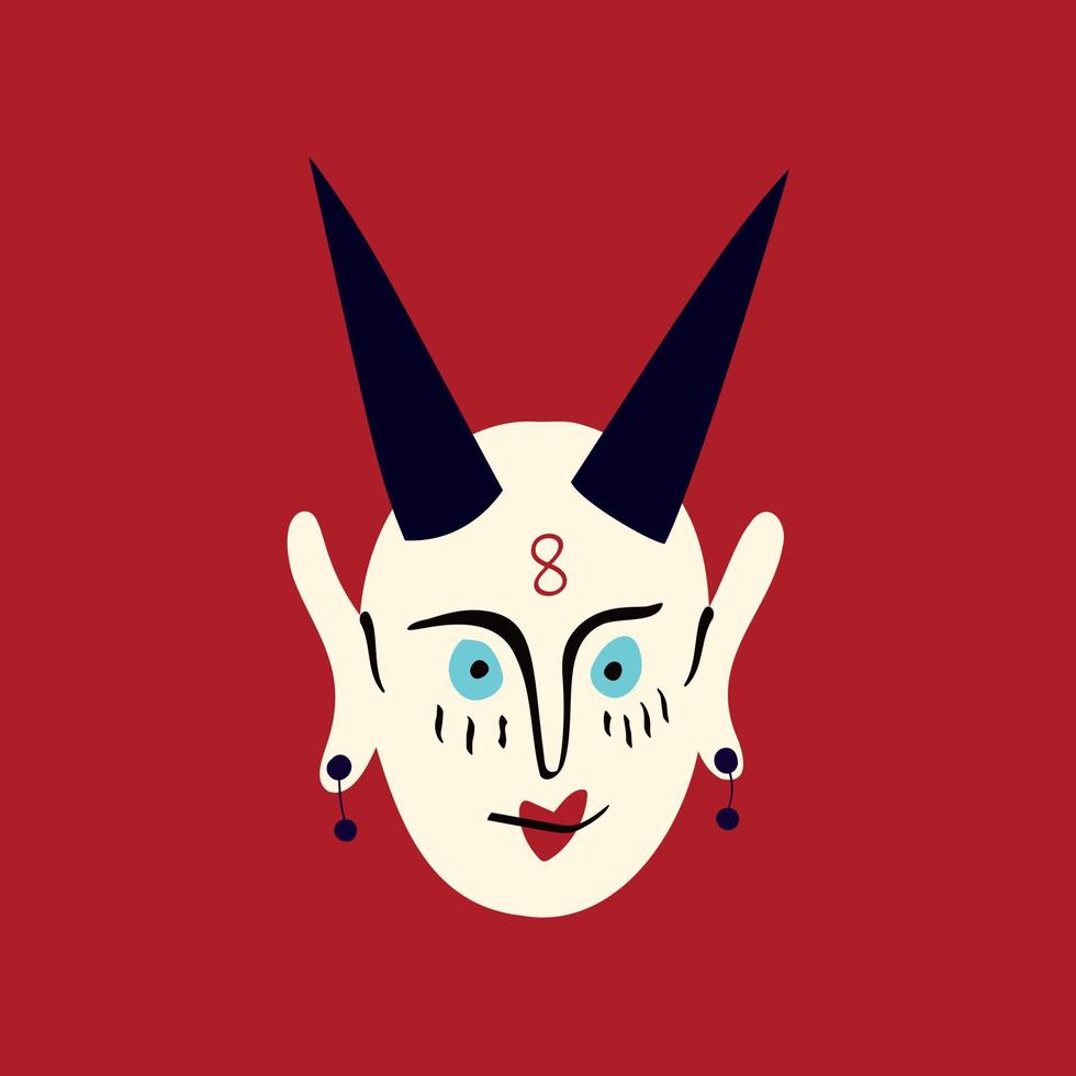 Funky demon head with a creepy ugly face. Freaky Bizarre demon with horns. Vector illustration