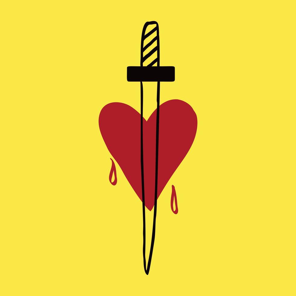 símbolo místico mágico espiritista de un corazón con una daga y sangre. ilustración del día de san valentín en estilo de garabato maravilloso moderno vector