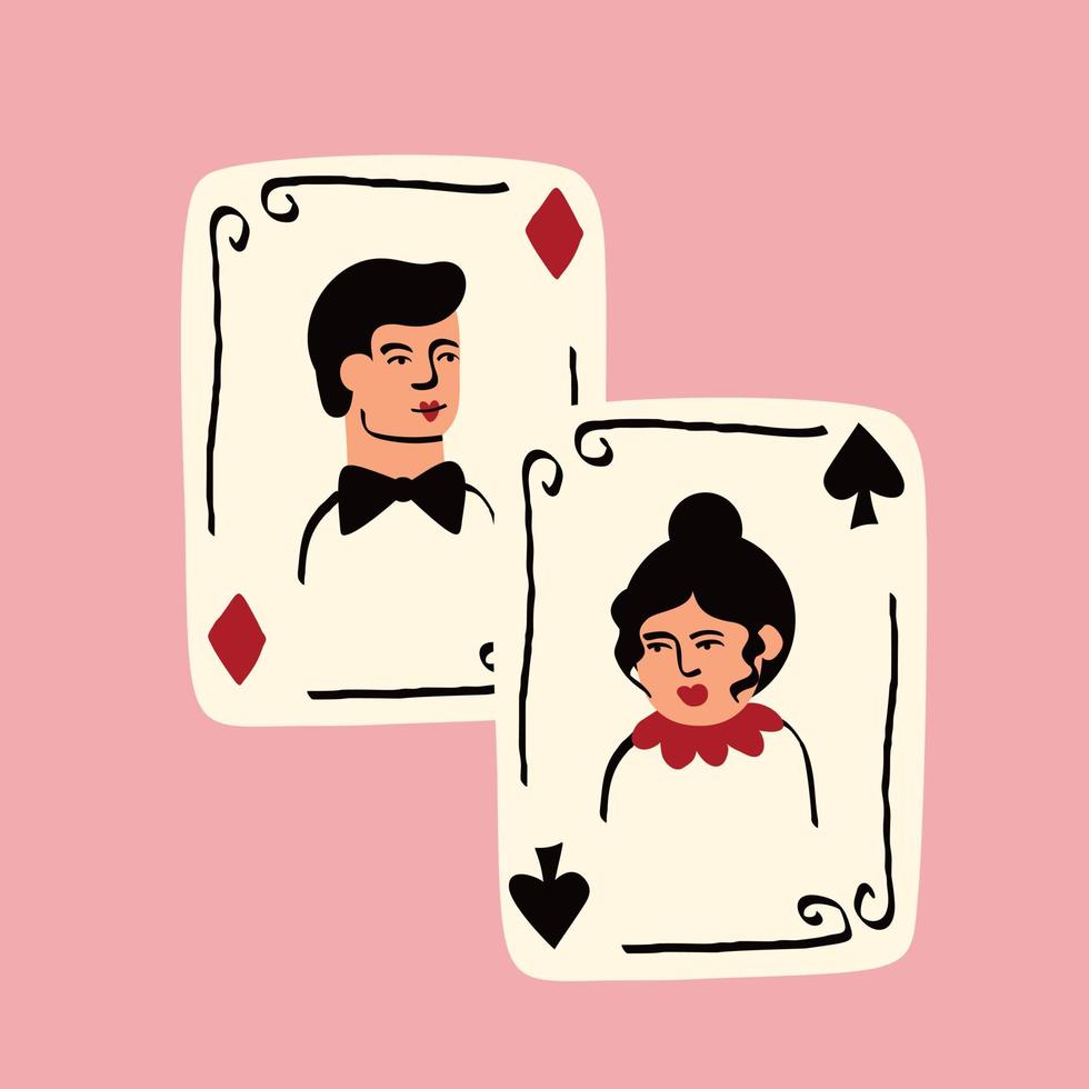 Playing cards with Jack and Queen of Spades. Valentines Day illustration in modern groovy doodle style vector