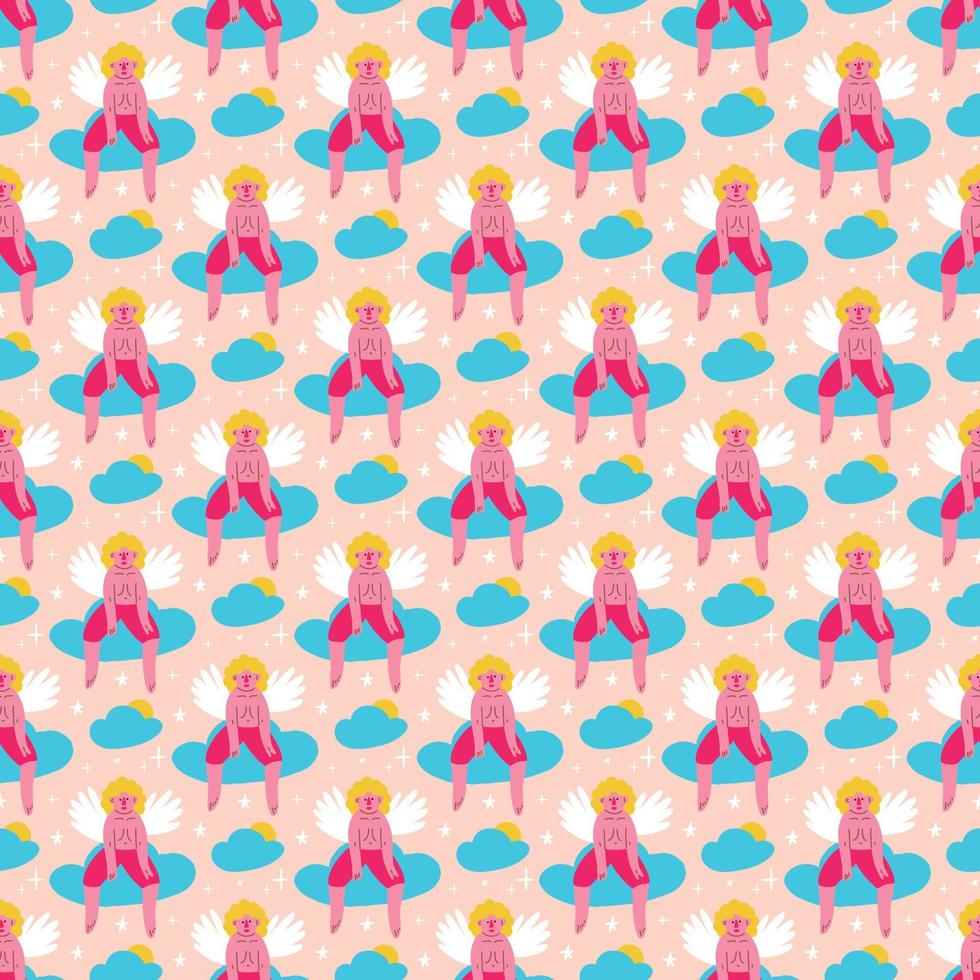 Valentine funny angels seamless pattern. Vector illustration in doodle style