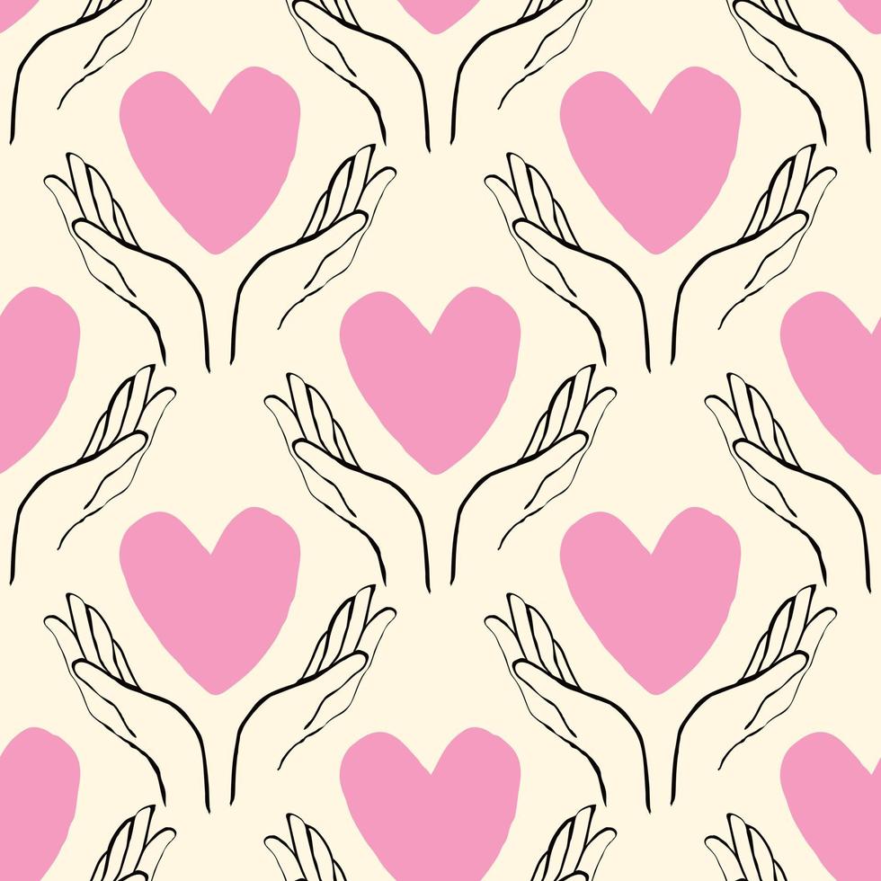 heart with hands seamless pattern in modern doodle style vector