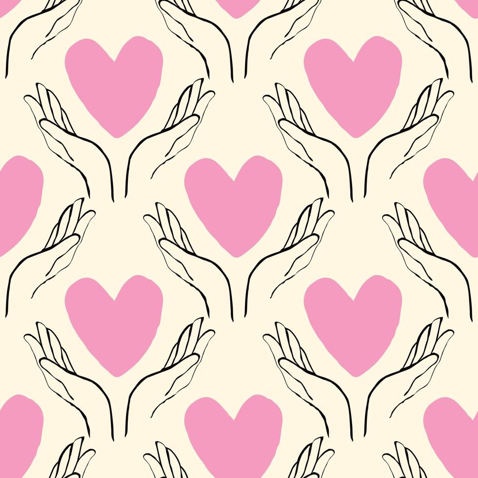 heart with hands seamless pattern in modern doodle style vector