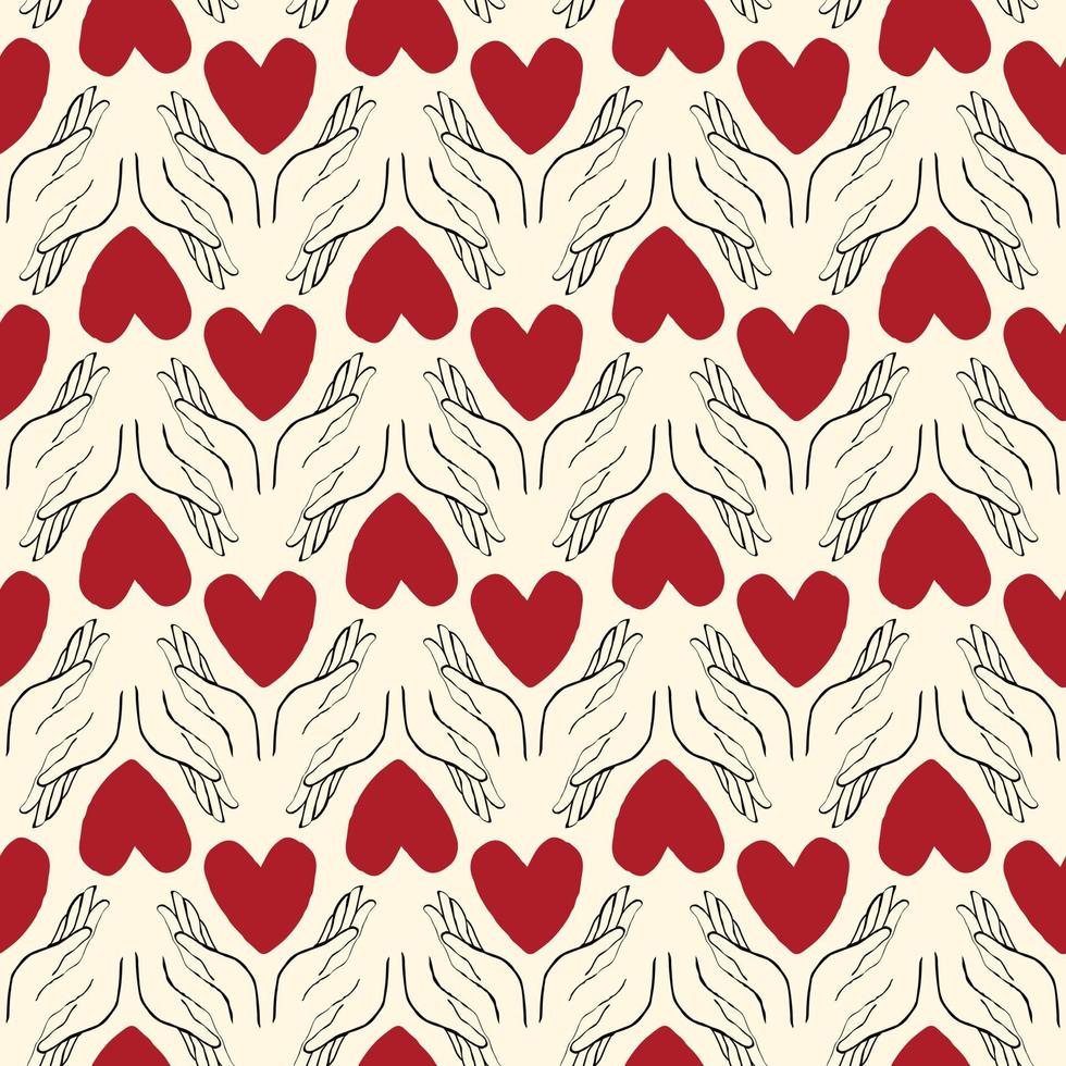 heart with hands seamless pattern in modern doodle style vector