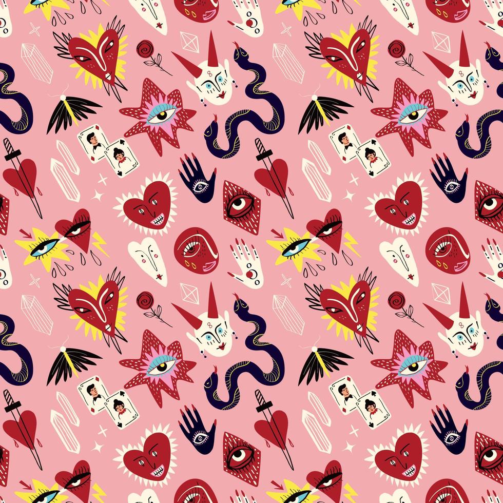 ugly Valentine pattern. Bizarre funky pattern for Valentines Day in doodle style vector