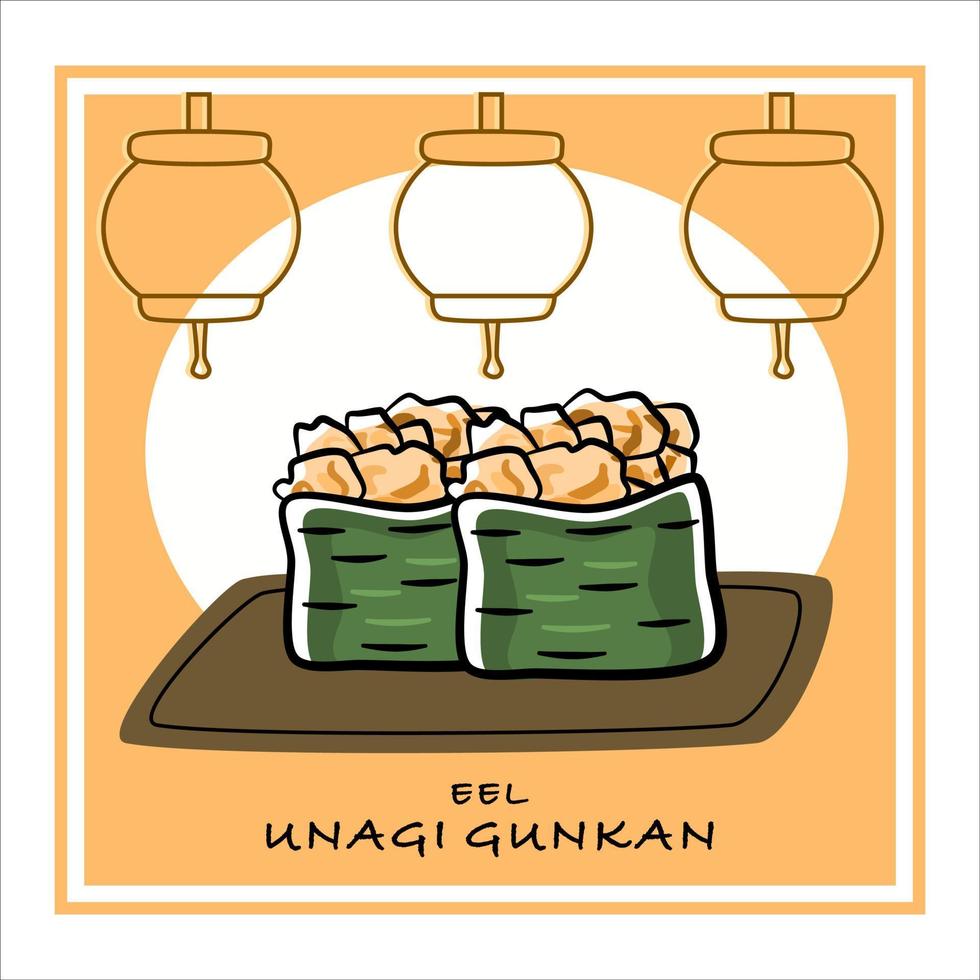 A set of gunkan maki sushi with smoked eel. Unagi maki roll illustration with oriental background. vector