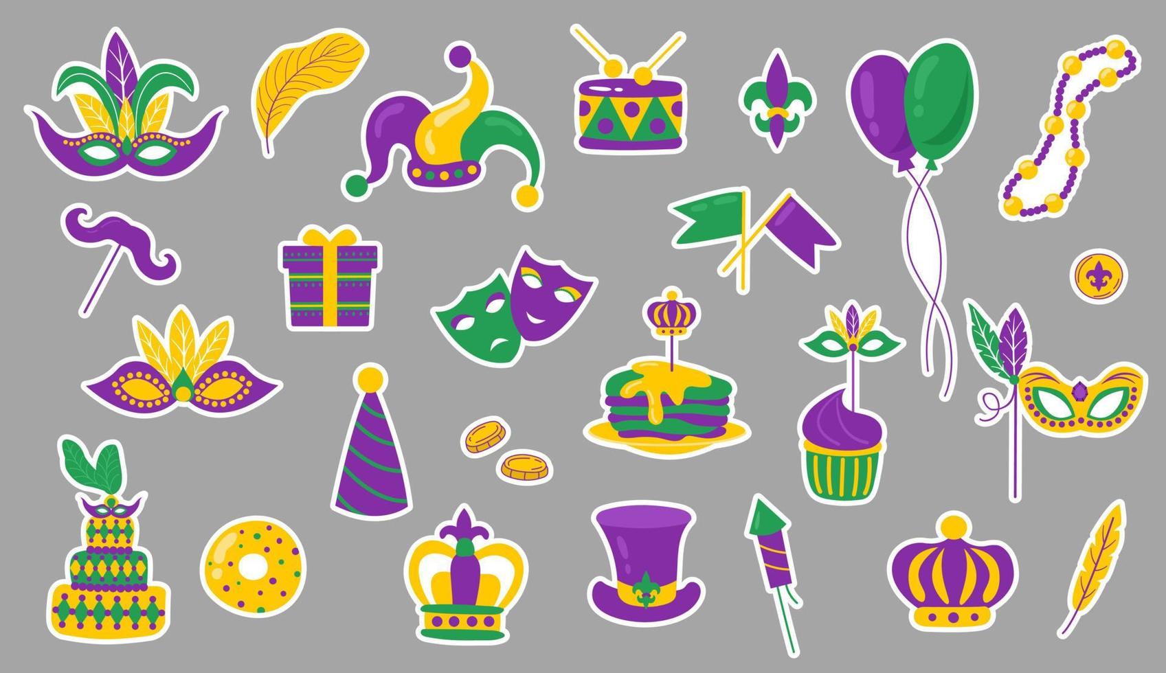 conjunto de pegatinas mardi gras carnaval ilustración. colección mardi gras, máscara de plumas, pastel, panqueques, cuentas. vector