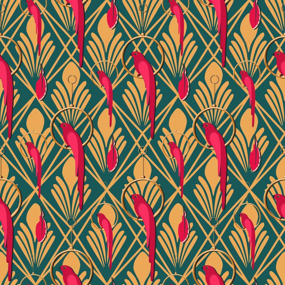 patrón impecable en estilo art nouveau con loros. resumen de patrón de ornamento artístico. color esmeralda y magenta vector