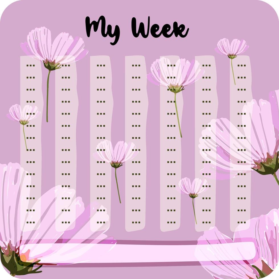 Bullet journal coloured School timetable with FLOWER AND BUTTERFLY themes. Week days, months, planner, habit tracker vector