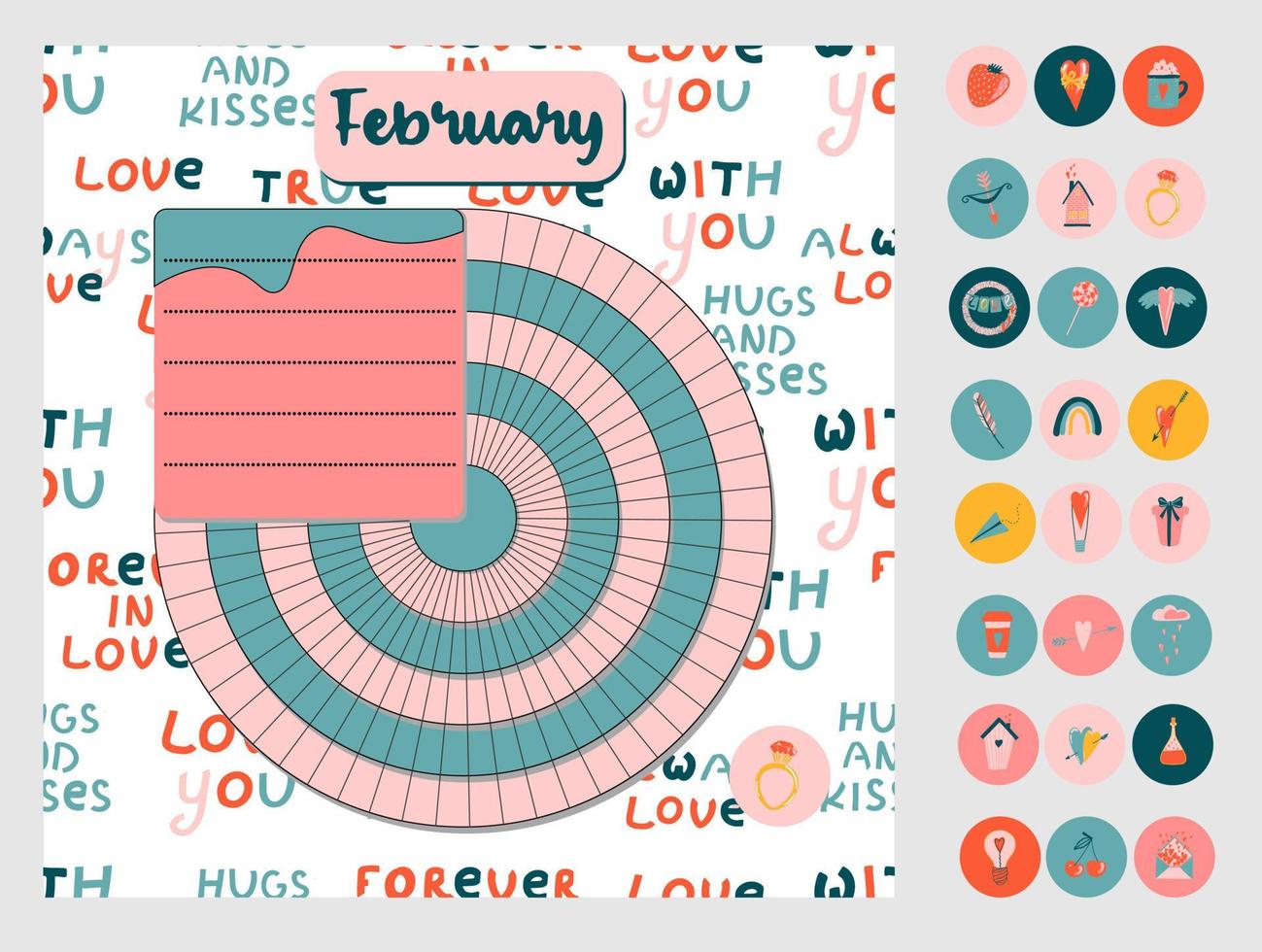 Bullet journal coloured School timetable with FLOWER AND BUTTERFLY themes. Week days, months, planner, habit tracker vector