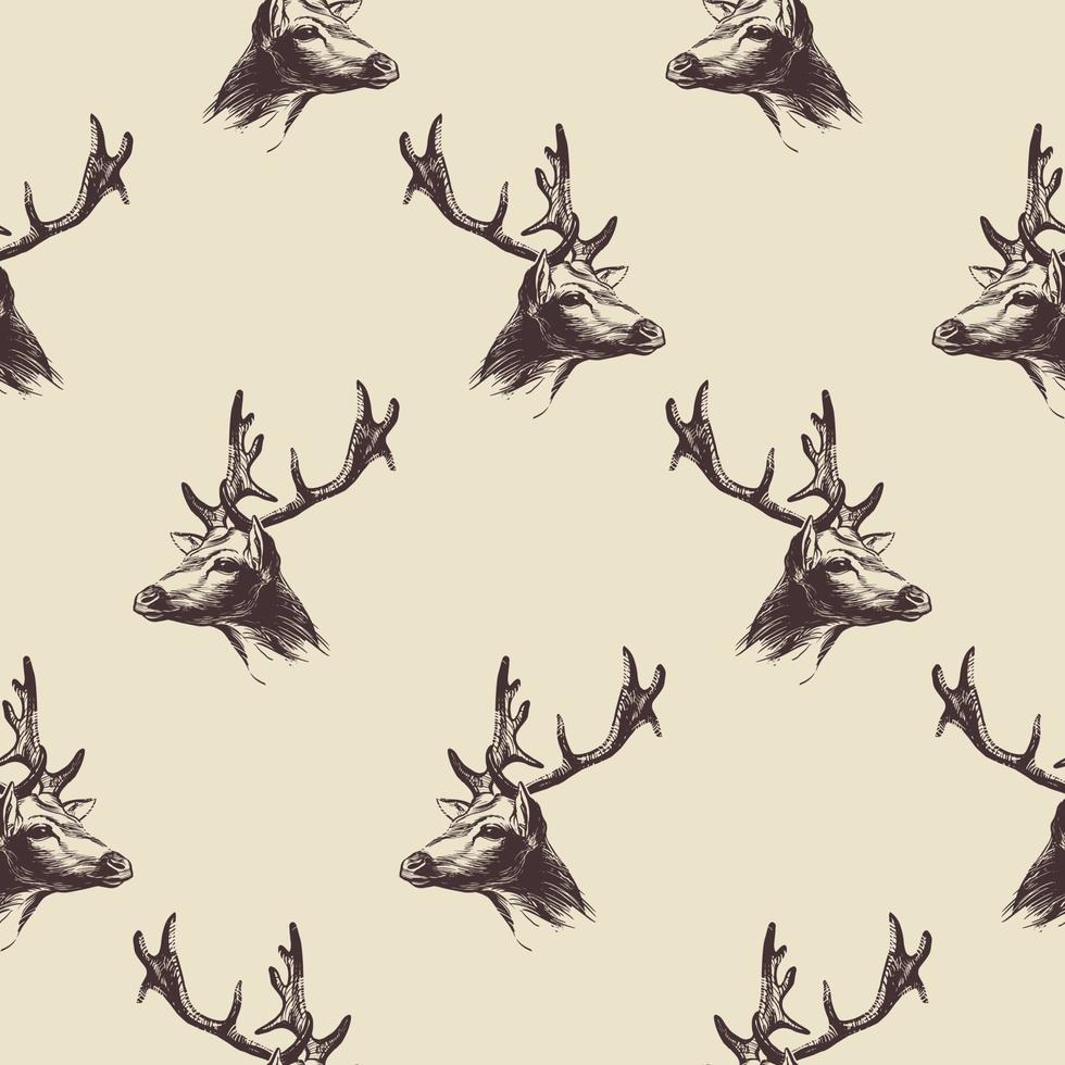 Hand drawn deer head pattern on beige background for printing on paper, textiles and decoration. Vector illustration.