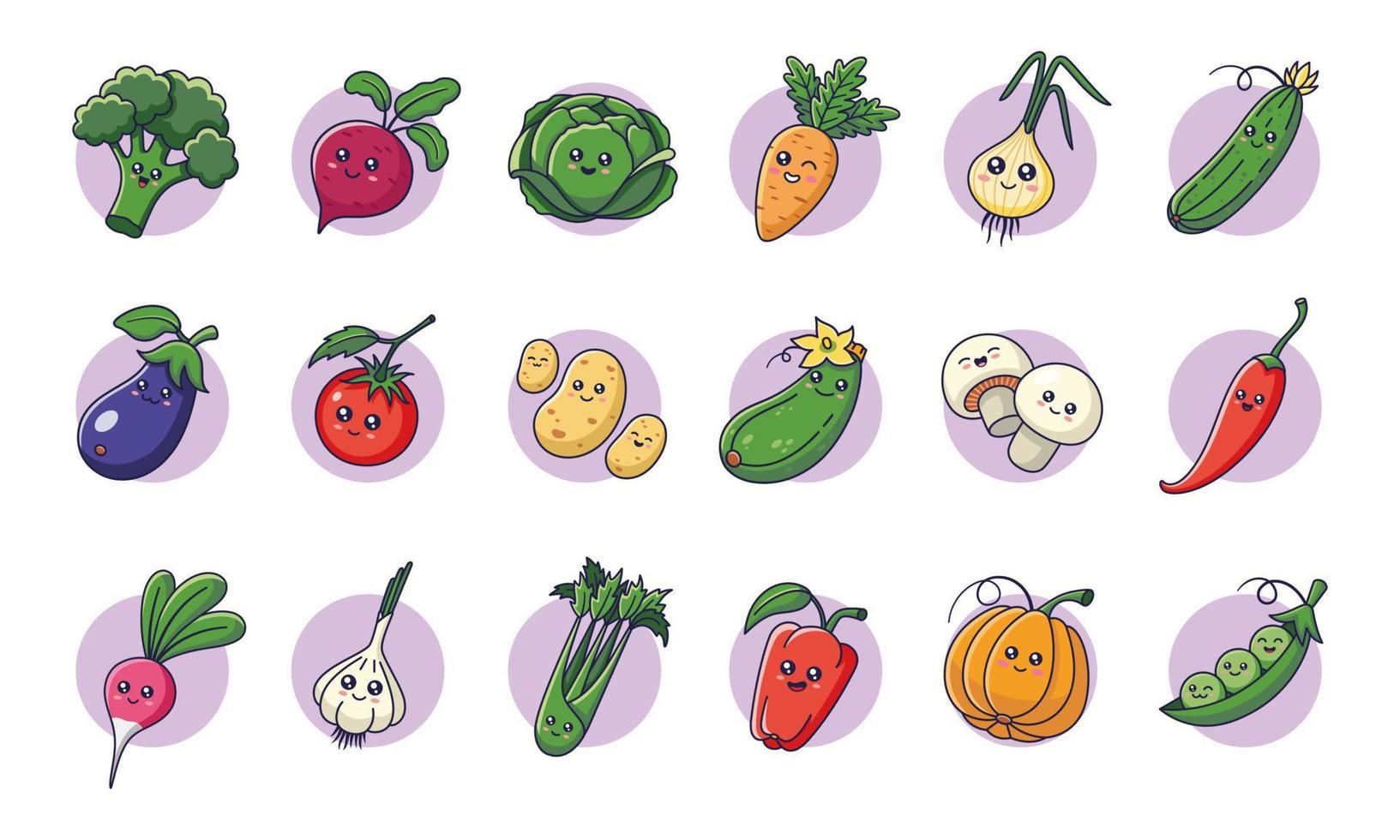 lindos vegetales kawaii ambientados en estilo de dibujos animados. colección de personajes de verduras. iconos de verduras, pegatinas, mascotas. vector