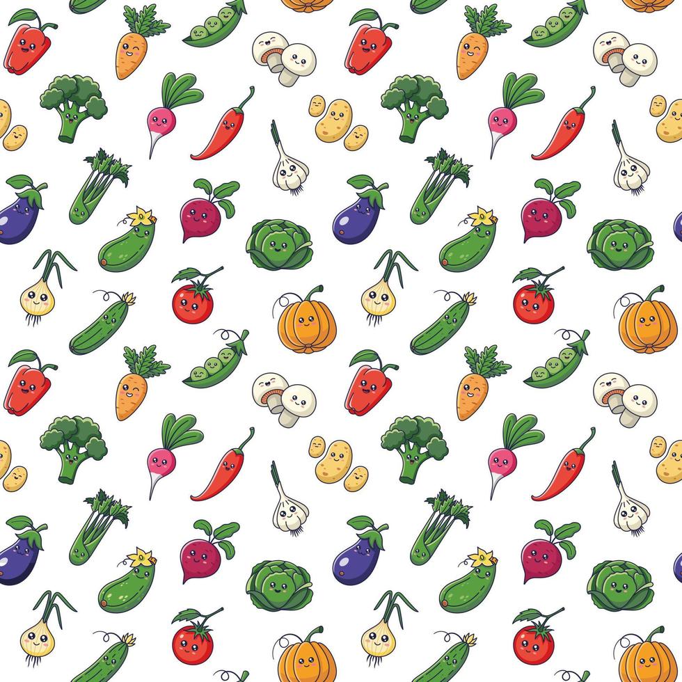 Vegetables seamless pattern with kawaii characters on white background. Perfect for vegan, vegetarian, wallpaper, food backdrop, fabric, wrapping paper, textile. Cartoon vector illustration.