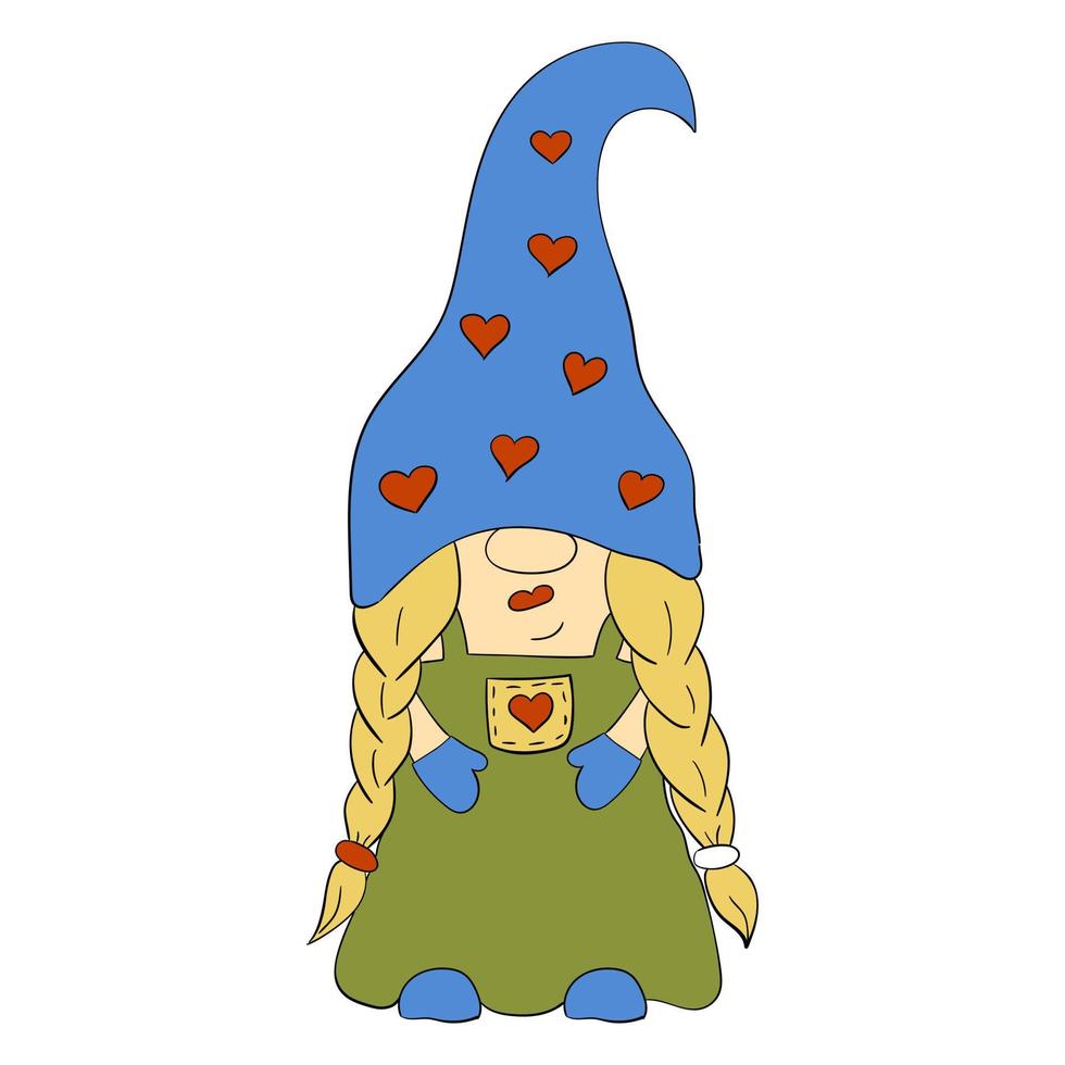 Cartoon Christmas gnome girl. Vector illustration of cute dwarfs on a white background.